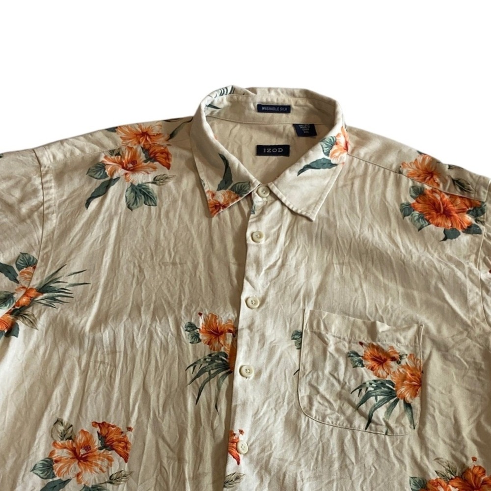 IZOD Mens XXL Washable Silk Cream Hawaiian Shirt Hibiscus Floral AOP Breezy